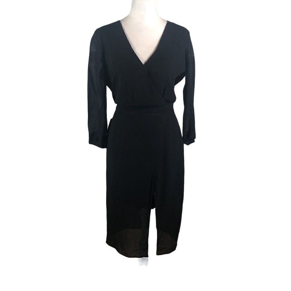 Bebe Black Chiffon Surplice Dress 4 Blouson Slim Skirt 3/4 Sleeve Elegant New